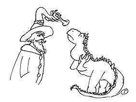 Mage testant son chapeau-pistolet sur un S'Raal qui n'en peut mais, par Tybalt